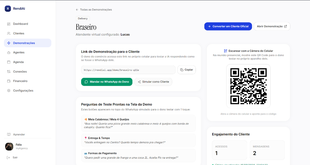 Página de demonstração comercial com QR Code para o cliente